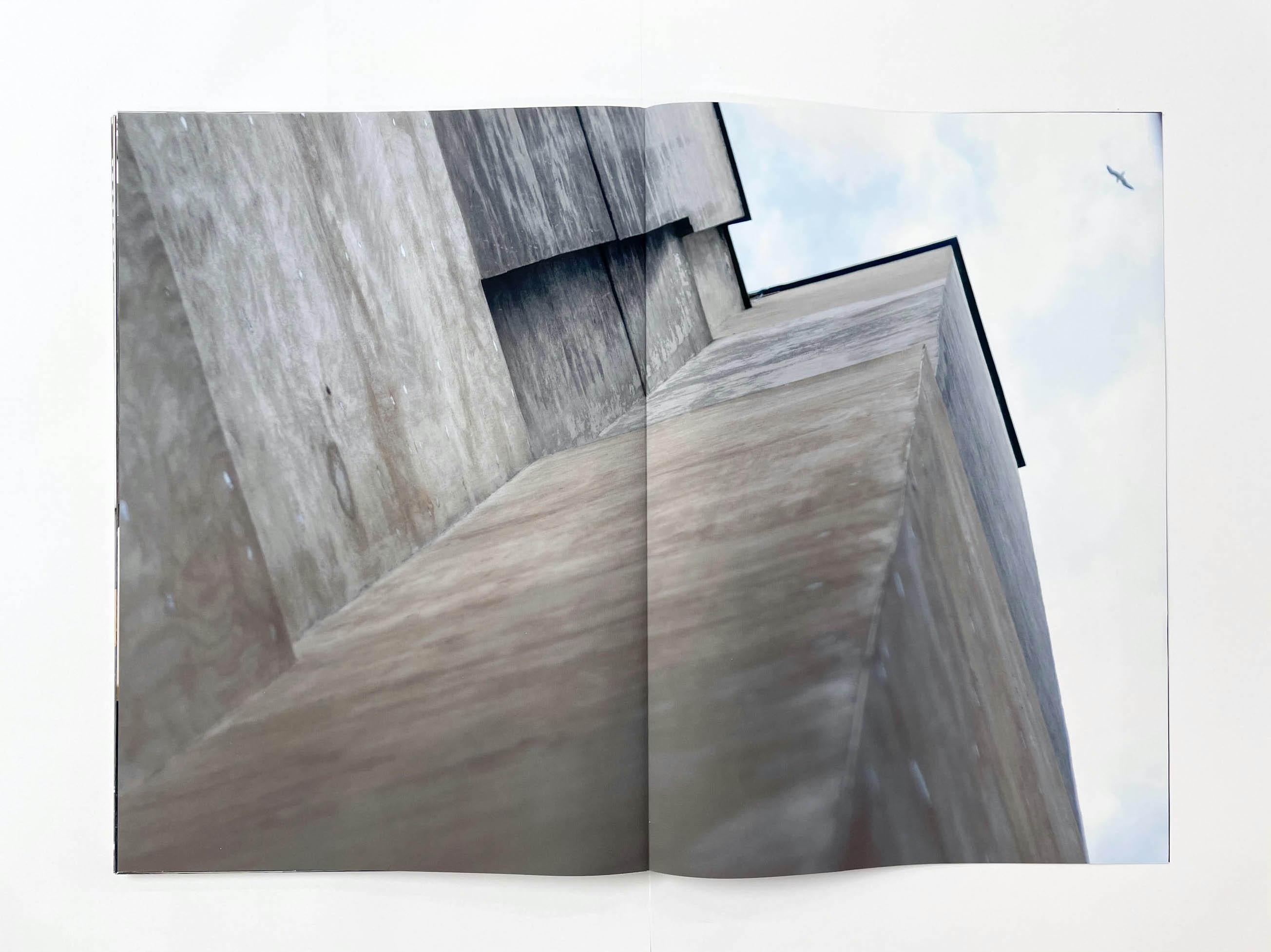 the grey exterior of the building looking up to cloudy blue sky in which  a seagull is flying