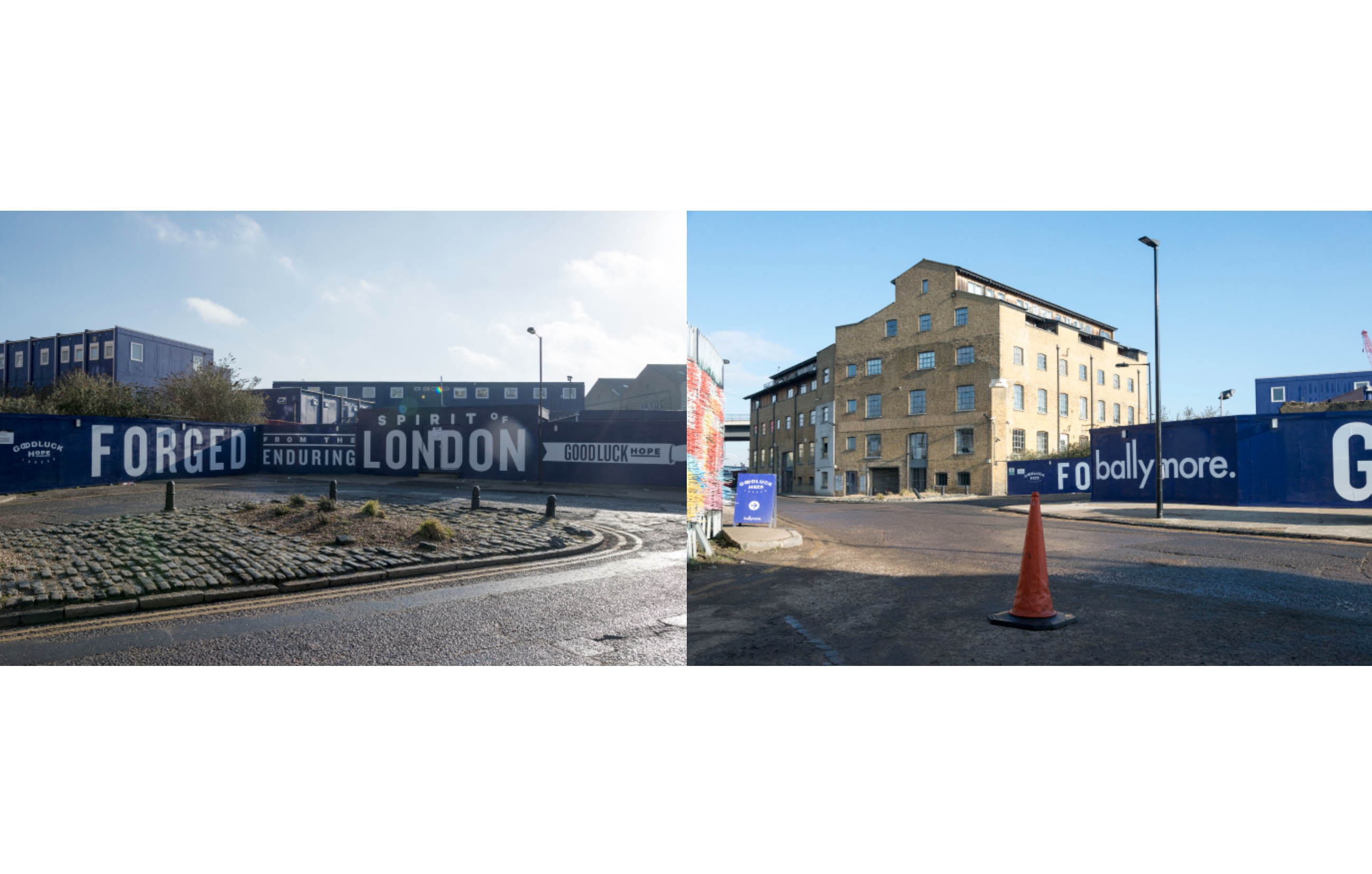 two photographs of a blue hoarding from different angles, one says Forged from the enduring spirit of London, the other says fo Ballymore