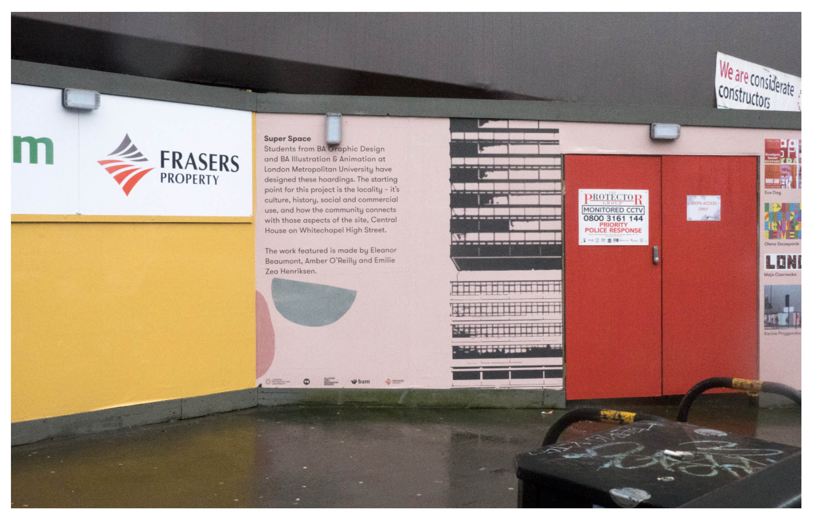 a close-up of a pink hoarding in the rain, the text says Super Space - Students from BA Graphic Design and BA Illustration and Animation at London Metropolitan University have designed these hoardings. The starting point is the locality - its culture, history, social and commercial use, and how the community connect with those aspects of this site, Central House on Whitechapel High Street