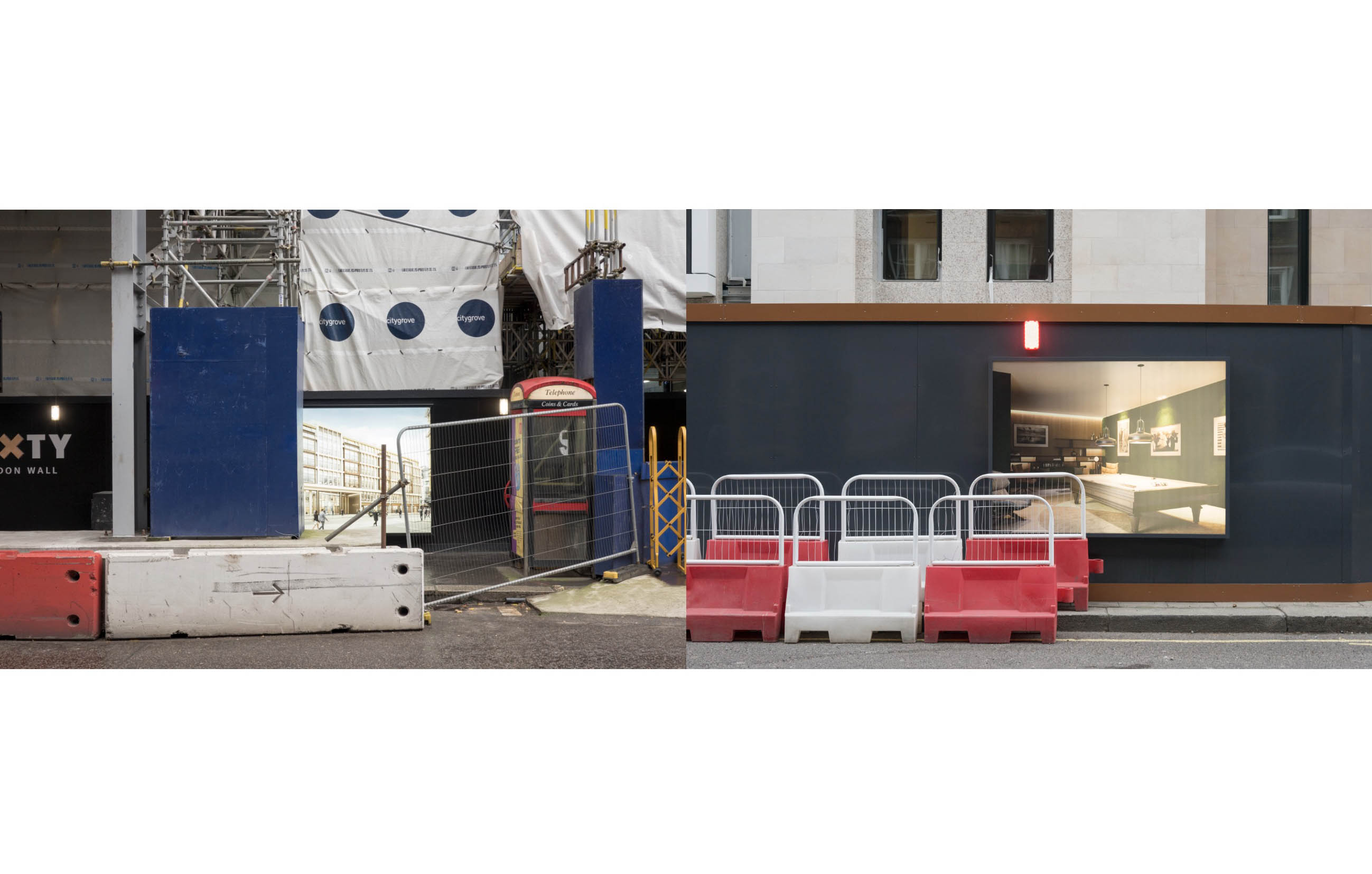 two photographs of hoardings with red and white barriers, one hoarding has a photo of a luxurious interior, the other the future exterior of a building