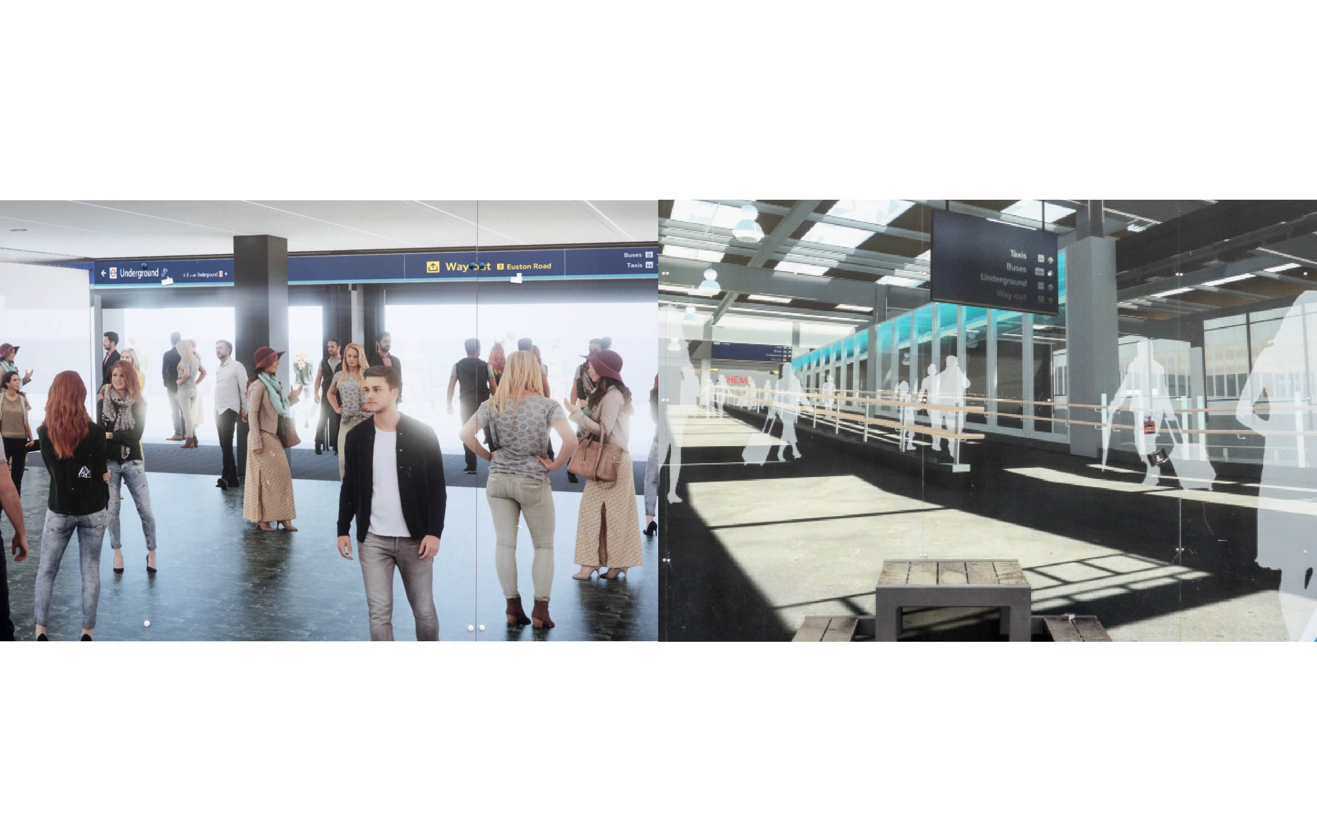 two photos show computer generated visions of a station concourse, one image shows the figures in ghostly, semi-transparent form