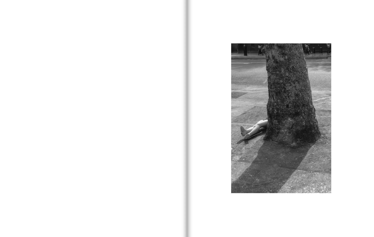 The legs of a shop mannequin, lying on a pavement, protrude from behind the trunk of a tree.