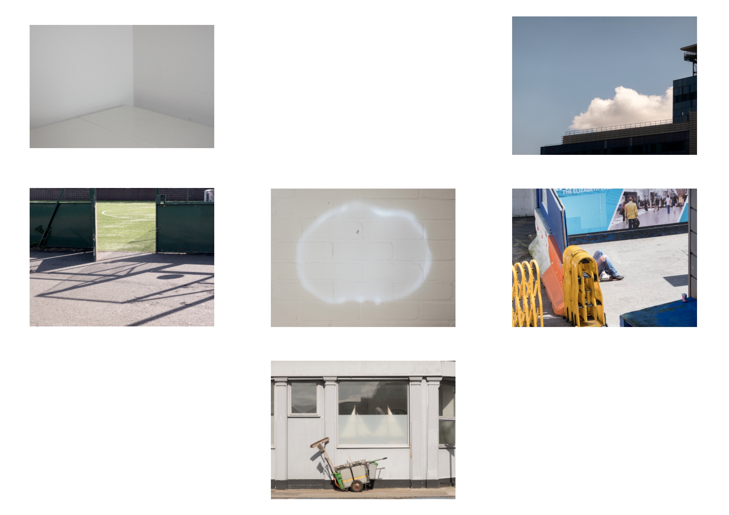 A white rectangle in which there are six small images laid out in a grid consisting of a corner, clouds above the edge of a building, the entrance to a football pitch, a light reflection on a wall, a man seated on a pavement, a dustcart against the wall of a building